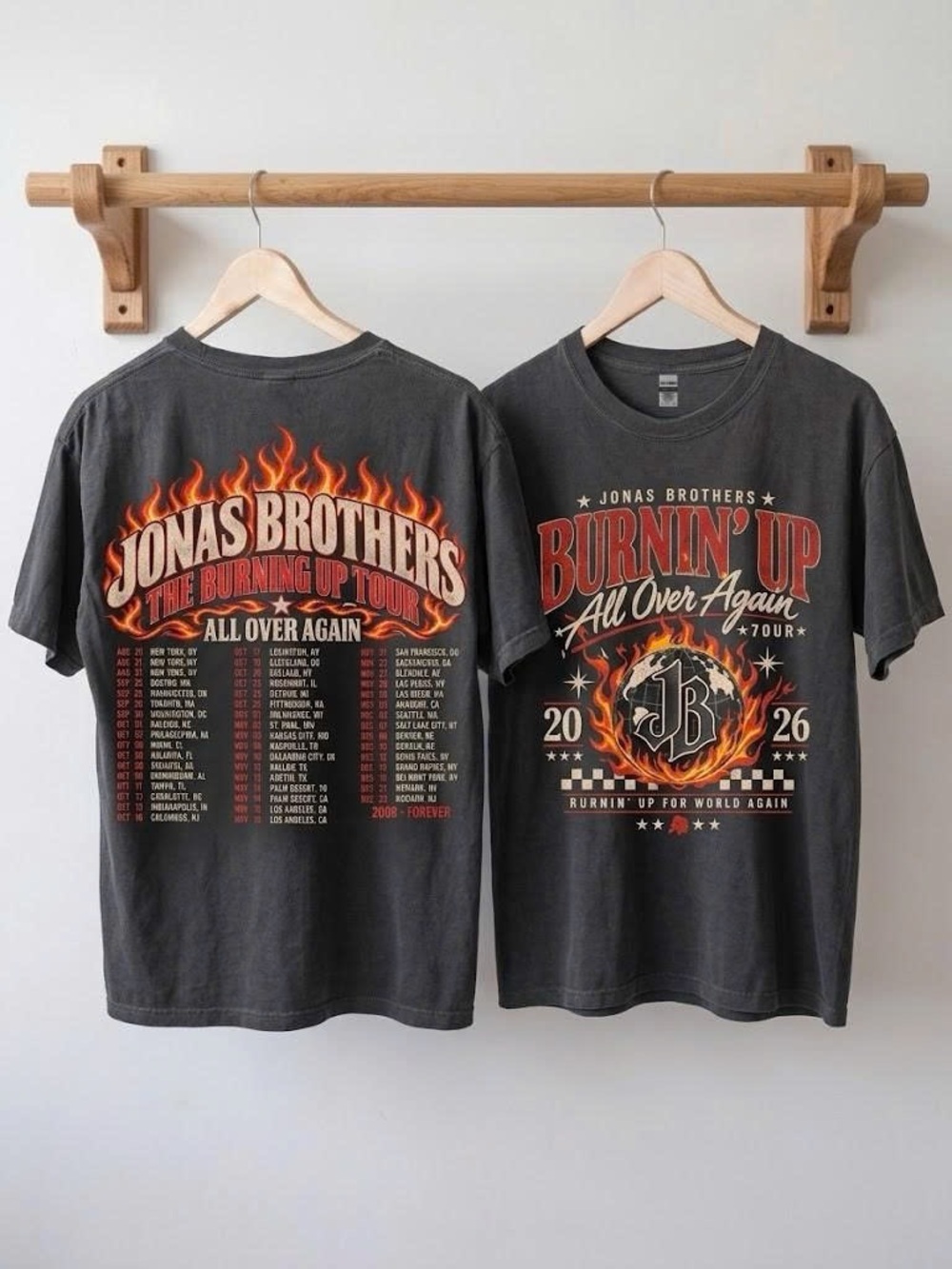 Jonas Brothers Burnin Up Tour Tee Washed Black Band Graphic T-shirt | Reprint